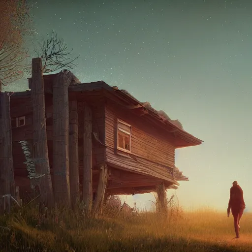 Image similar to woman leaving her wooden broken house by simon stålenhag, very highly detailed, award winning, rendered by Beeple, by Makoto Shinkai, syd meade, starwars, space art concept, digital art, unreal engine, blender, WLOP, trending on artstation, 4K UHD image, octane render