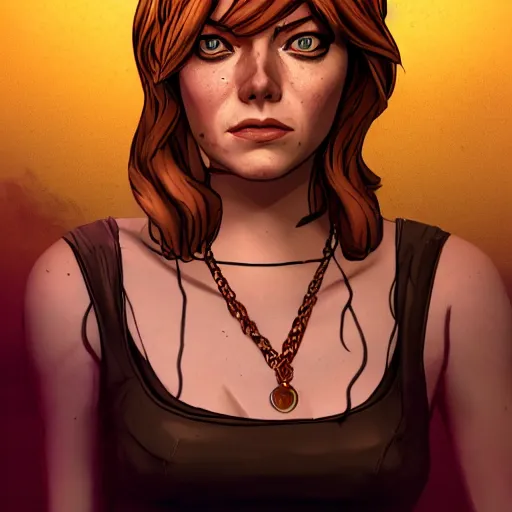 Image similar to emma stone carter portrait, borderlands, tales from the borderlands, the wolf among us, comic, cinematic lighting, studio quality, 8 k