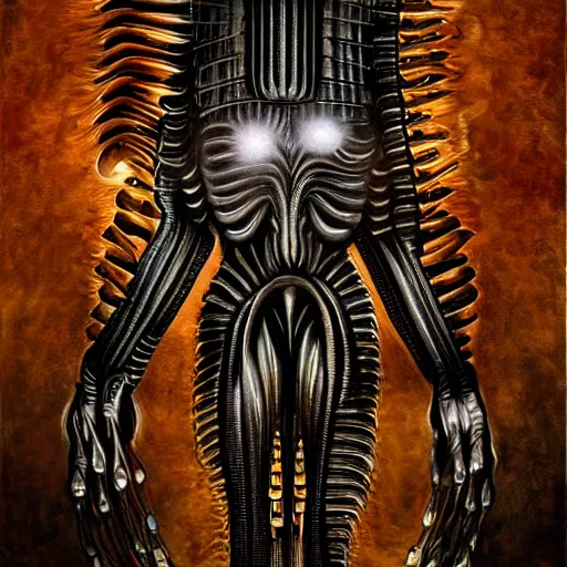 Prompt: beautiful painting of the lattice decopunk organ holding the conscience of God in the style of Welder Wings and H. R. Giger. Dark background, detailed, trending on Artstation