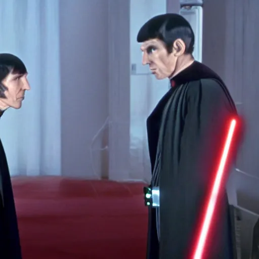 Image similar to photoelectric movie scene with mister spock in star wars duelling darth vader, high quality, 8 k