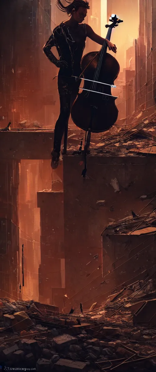 Prompt: a highly detailed portrait of a singular cellist playing in the rubble of a fallen building in a cyberpunk city, beautifully lit, concept art, sharp focus, in the style of steve argyle, artstation HD, octane render