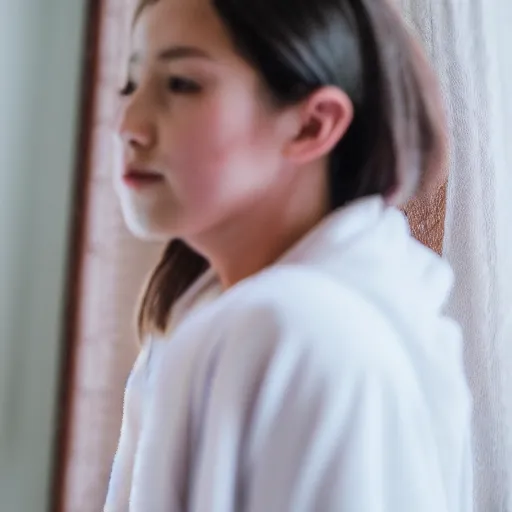 Image similar to , a beautiful girl dressed in robes looking in the mirror at a older girl, 5 0 mm lens, f 1. 4, sharp focus, ethereal, emotionally evoking, head in focus, volumetric lighting, blur dreamy outdoor,