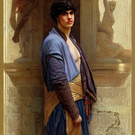 Image similar to portrait of 19 year old Antinous in ancient Greece, (SFW) safe for work, photo realistic illustration by greg rutkowski, thomas kindkade, alphonse mucha, loish, norman rockwell