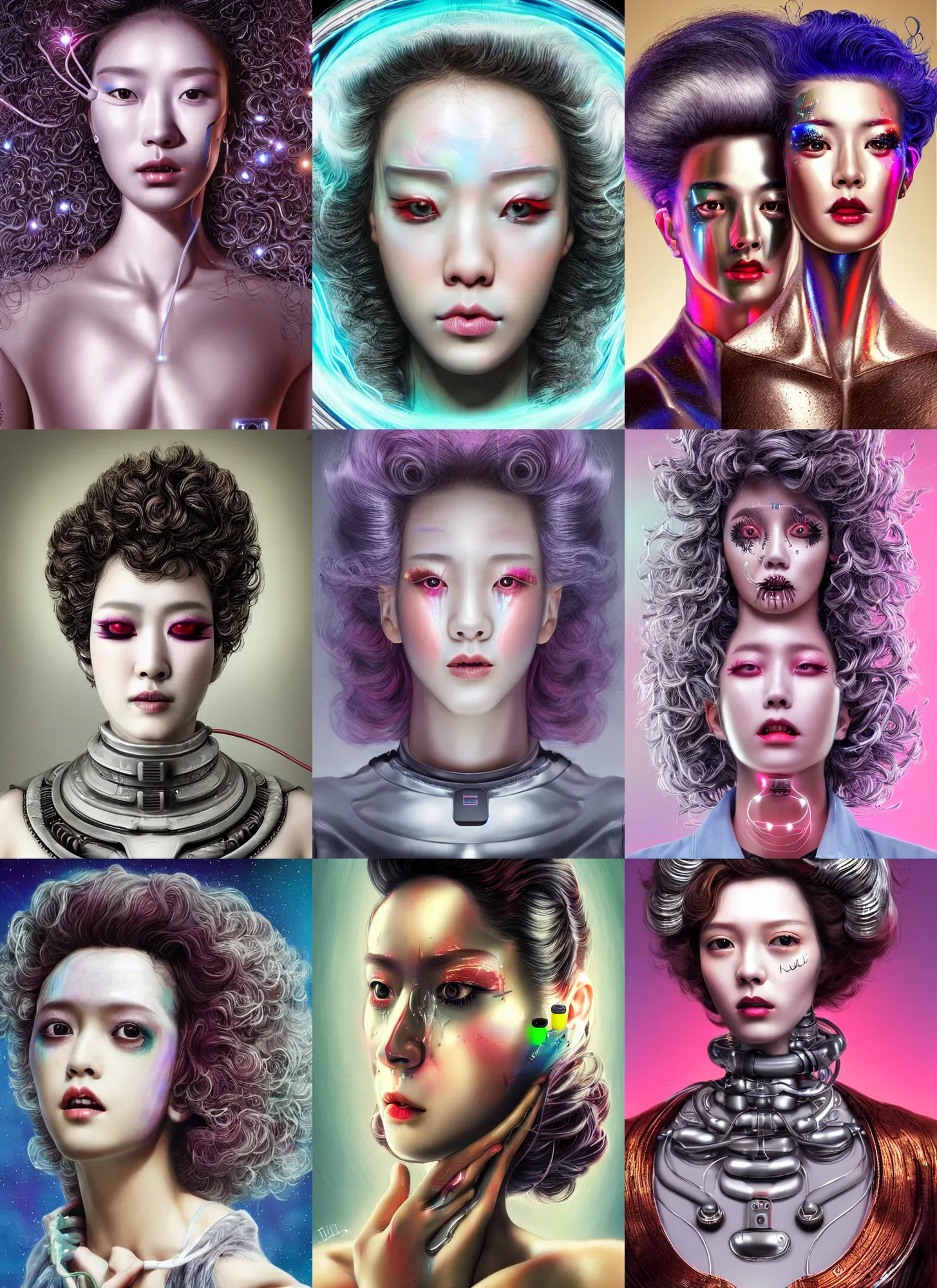 Prompt: korean roccoco android portrait with sci - fi makeup, chromatic skin, silver curly hair, eighties look, retro, beautiful lights, charging plug in the chest, vintage look, tears and pain, depth of field, hyper realistic, illustration, airbrush, 8 k, intricate, duo tone, art by david la chapelle and philip castle, artgerm