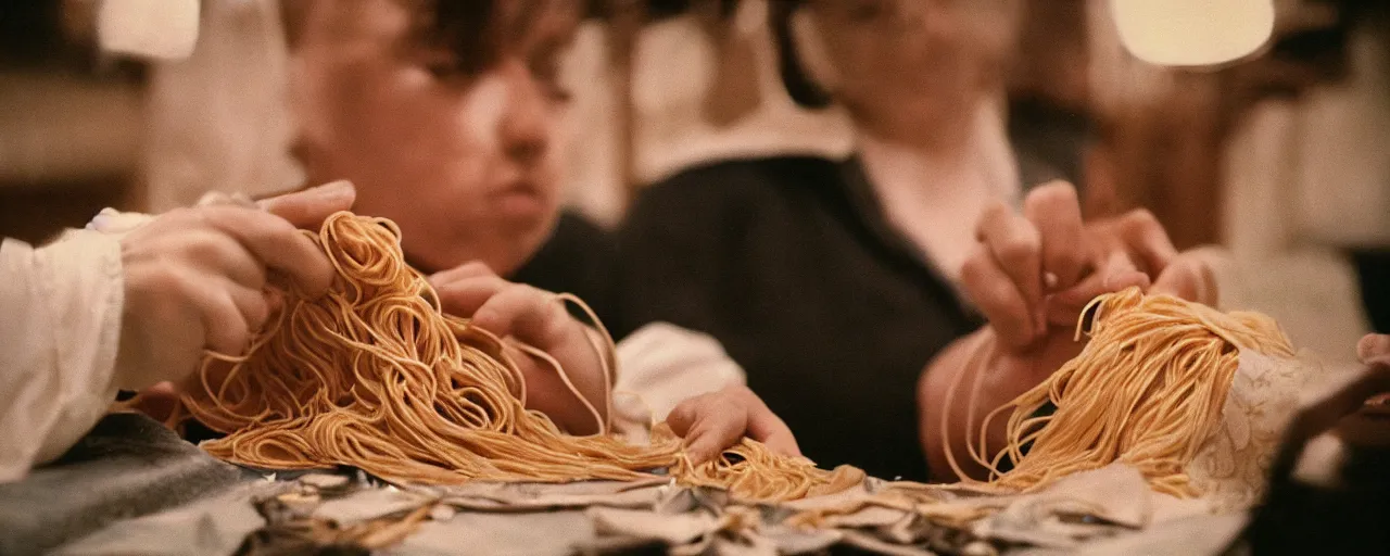 Image similar to a seamstress sewing a dress made of spaghetti, high detailed face, canon 5 0 mm, cinematic lighting, photography, retro, film, kodachrome, closeup