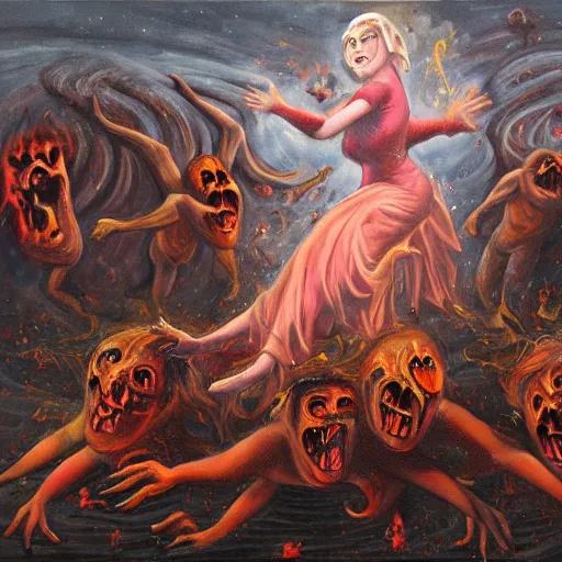 Image similar to painting of a woman falling into hell with a bunch of demons around her