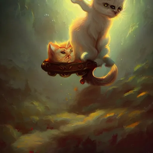 Image similar to cat angel, cute and adorable, pretty, beautiful, fantasy painting, DeviantArt Artstation, by Jason Felix by Steve Argyle by Tyler Jacobson by Peter Mohrbacher, cosy atmoshpere