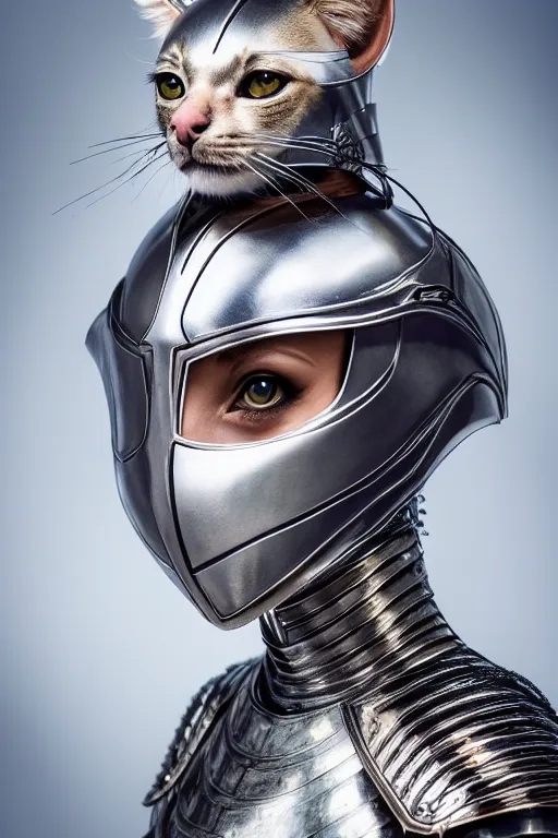 Image similar to female knight wearing a real cat on her head, armor designed by wayne barlowe, swarovski and tiffany, blonde hair, symmetry, sci - fi, cinematic, elegant, luxury, perfect light, perfect composition, dlsr photography, sharp focus, dark fantasy, 8 k, ultra hd, sense of awe, highly detailed, realistic, intricate