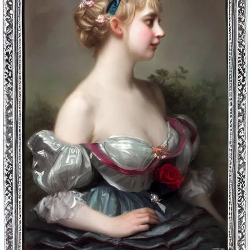 Image similar to Alice in Wonderland,a portrait of a beautiful Silver hair girl,Diamonds Blaze,Rose twining,luxuriant,dreamy, eternity, romantic,highly detailed,in the style of Franz Xaver Winterhalter, highly detailed,night lighting