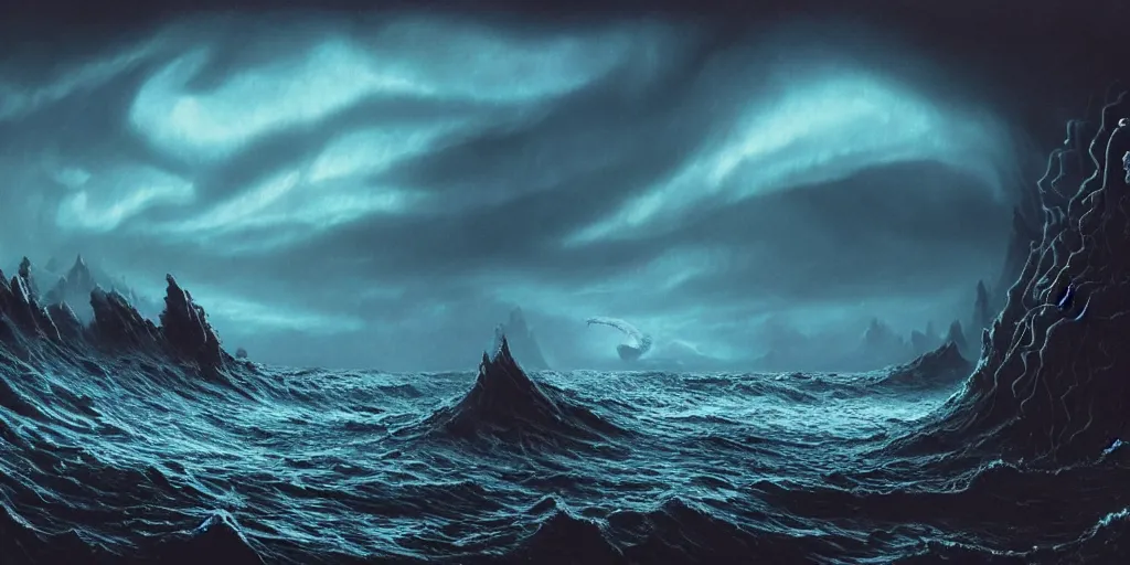 Prompt: evil eldritch lovecraftian scenery seascape, lord of the rings, rough oceans, aurora borealis, mist, leviathan, tentacles, stormy weather, waves, highly detailed, bleak color, perfect lighting, perfect composition, 8 k, brian froud, artgerm, derek zabrocki, greg rutkowski