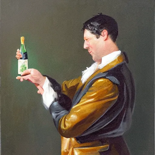 Prompt: oil painting by james gilray of a man opening a bottle of champagne with a sword.