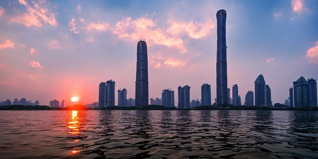 Prompt: guangzhou tower, under water, sunset