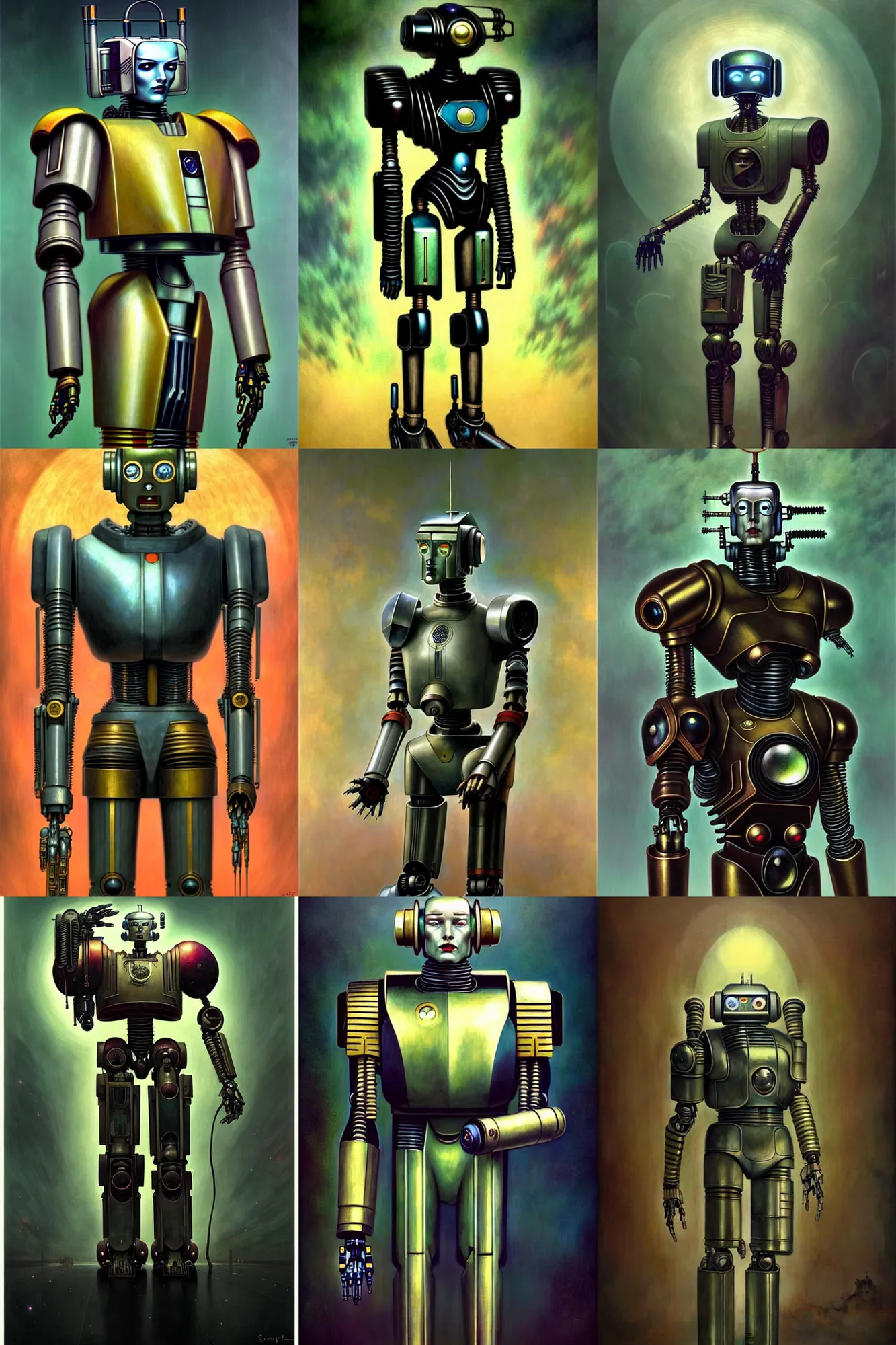 Prompt: fullbody or portrait, simple futurist cyborg emperor, warhammer 4 0 k, perfect future, award winning art by santiago caruso, inspire by astro boy, iridescent color palette, beautiful face, by wlop and karol bak and bouguereau and viktoria gavrilenko, 1 9 5 0 s retro future robot android. muted colors