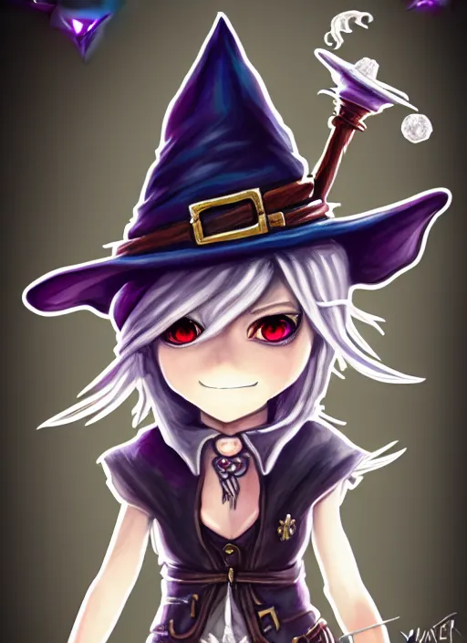 Prompt: a portrait of girl magician, witch hat, silver magic, fantasy, dungeons and dragons, an ultrafine detailed painting, chibi, detailed painting, boris valejo. octopath traveler decal!!!