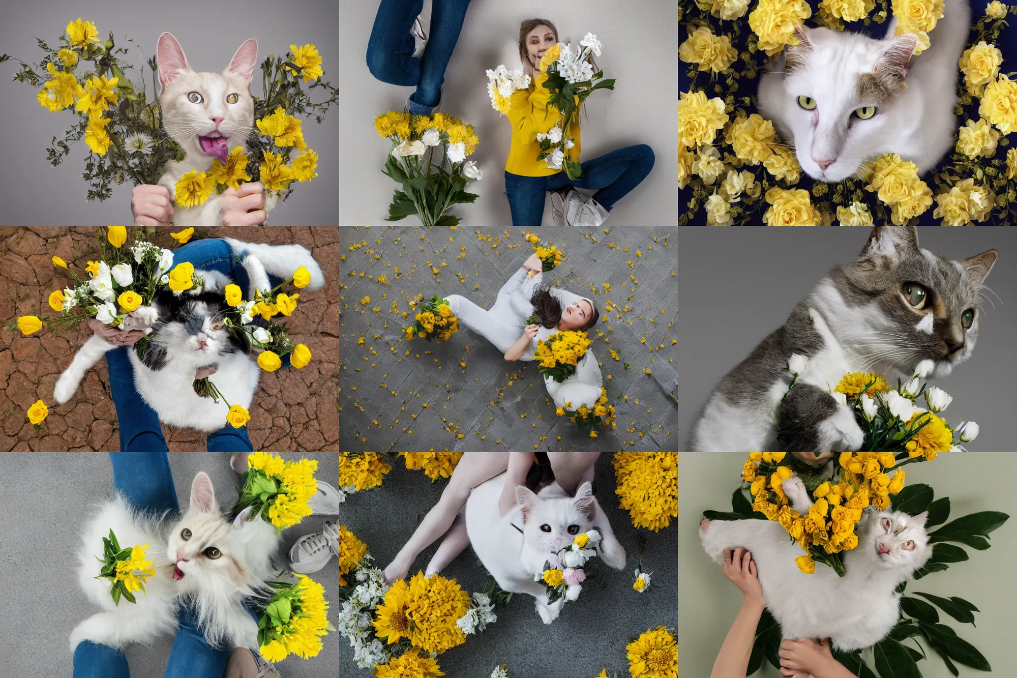 Prompt: pov shot photography of yellow - patterned white cat, held flowers bouquet in her mouth, under my feet, person wearing jeans and sneakers, large happy eyes, symmetry, face symmetry, octane render, photorealistic, 8 k