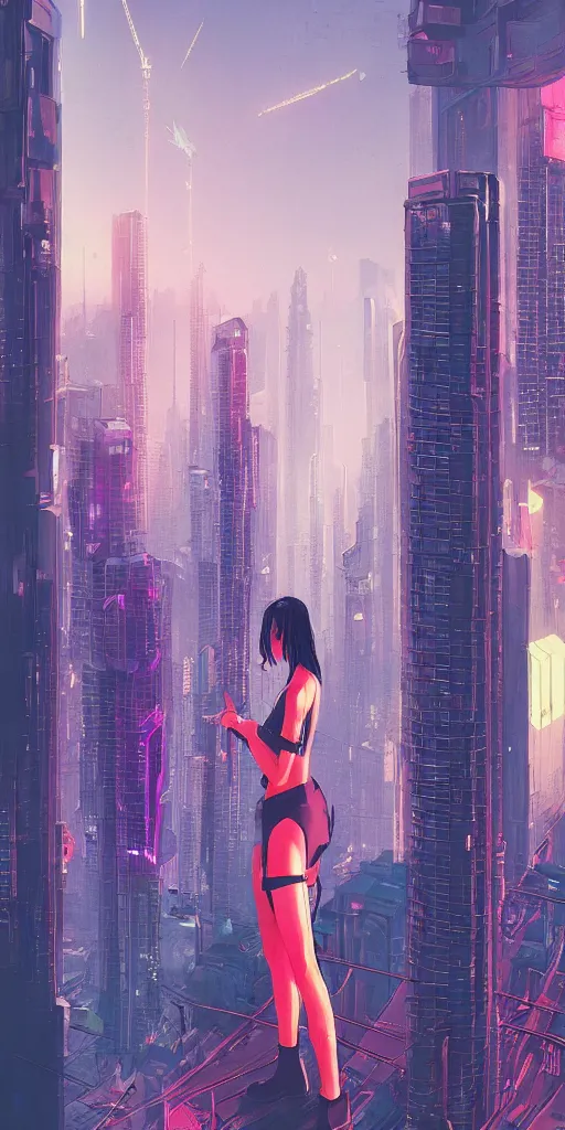 Prompt: cyberpunk girl on a roof, looking up at cityscape of vertical cyberpunk city with high towers, shanghai, by Alena Aenami and blade runner and akira, trending on Artstation,