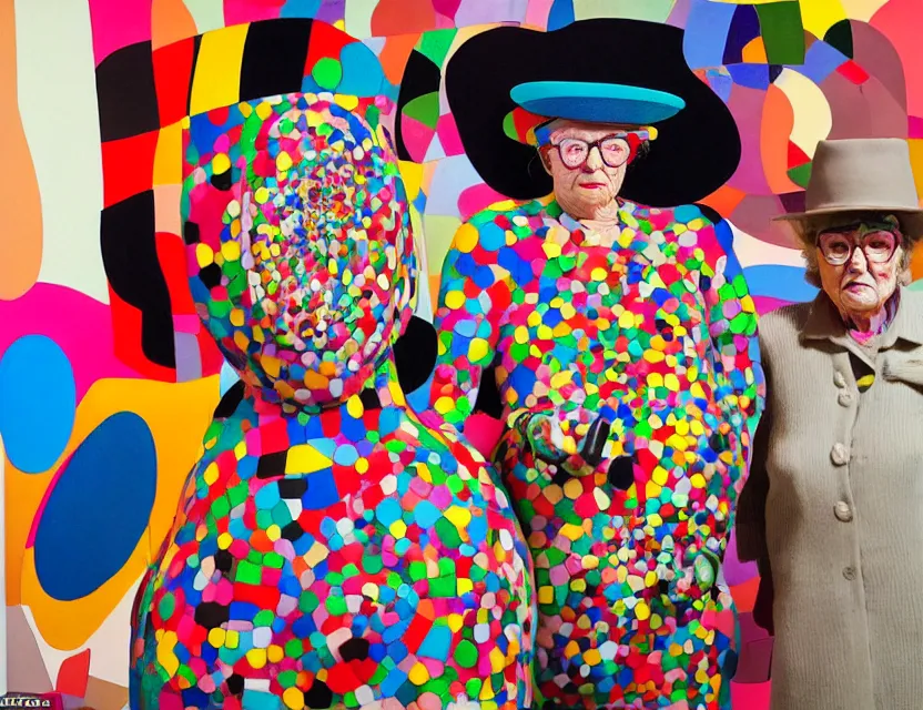 Prompt: a colorful installation sculpture artwork of a old and strange dusty professor in black suite and hat and a old woman making a study of drinking 1 0 cups of black coffee in 5 seconds in a kitchen that is melting, styled by niki de saint phalle and fernando botero