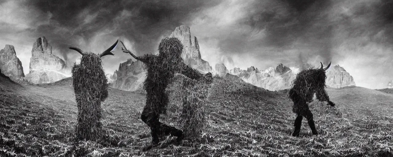 Image similar to mysterious scene of tyrolean farmer transforming into hay man with horns , dolomites in background, roots and edelweiss growing out of the body 35mm double-exposure photo, palm body, deep shadows, german expressionism, noir, slightly colorful, photorealistic, detailed smoke, natural bones and skin, natural textures, depth of field, ambient occlusion, motion blur, HD, masterpiece, volumetric, chromatic aberration by Richard Avedon, style of Ade Santora, perfect composition, masterpiece, intricate detailed