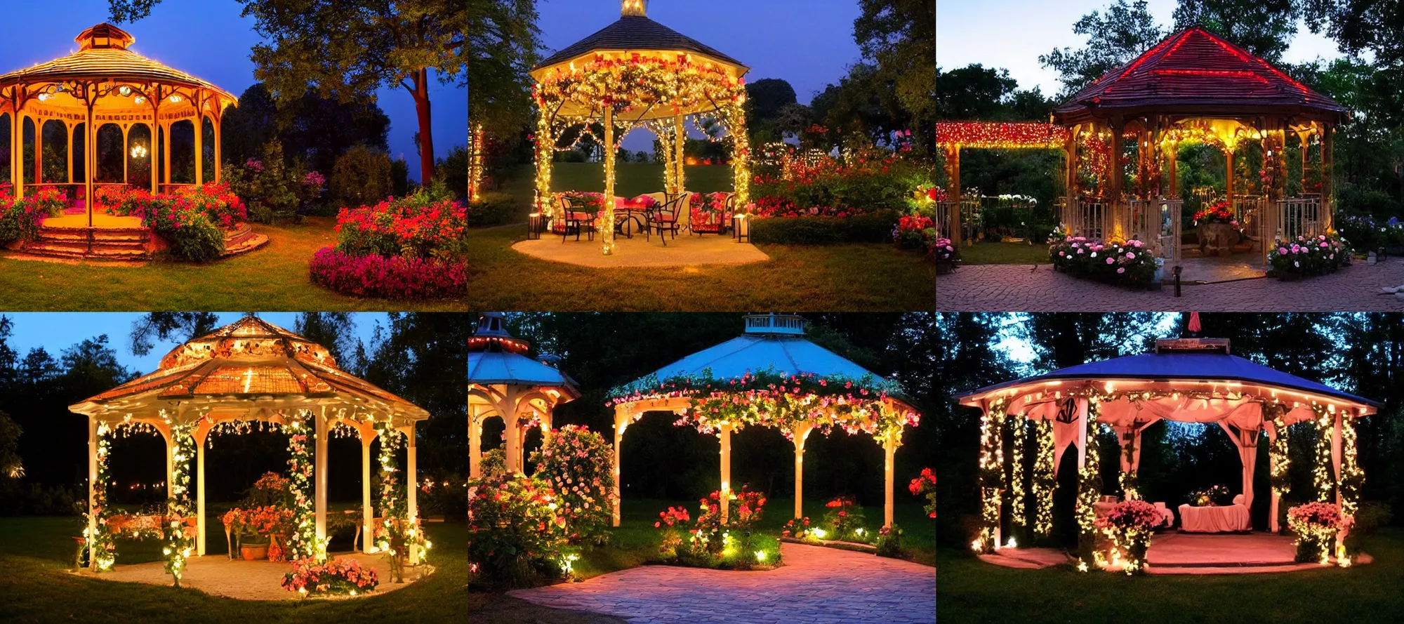 Prompt: beautiful gazebo with flowers and pretty lights, dusk, romantic,