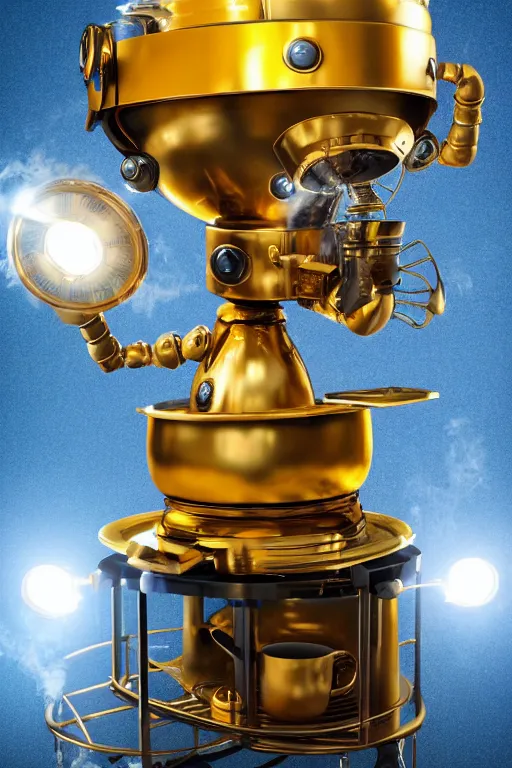 Image similar to portrait photo of a giant golden and blue metal steampunk robot chef wearing a big chef hat, with steaming pots and pans and tubes, eyes are green lights, shiny crisp finish, 3 d render, 8 k, insaneley detailed, fluorescent colors, background is multicolored lasershow