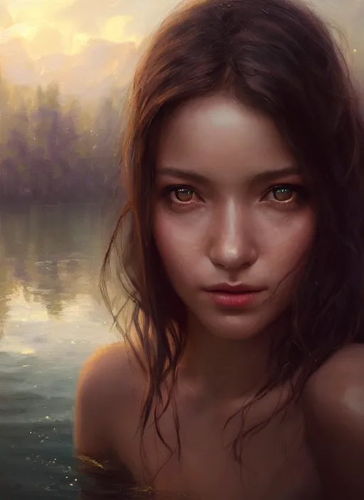 Prompt: cinematic shot of an epic portrait of a gentle girl by the lake, shiny skin, beautiful eyes, beautiful, small details, night setting, realistic poster with volumetric light from craig mallism, artgerm, jeremy lipkin and michael garmash, unreal engine, radiant light, detailed and complex environment, digital art, trends at art station