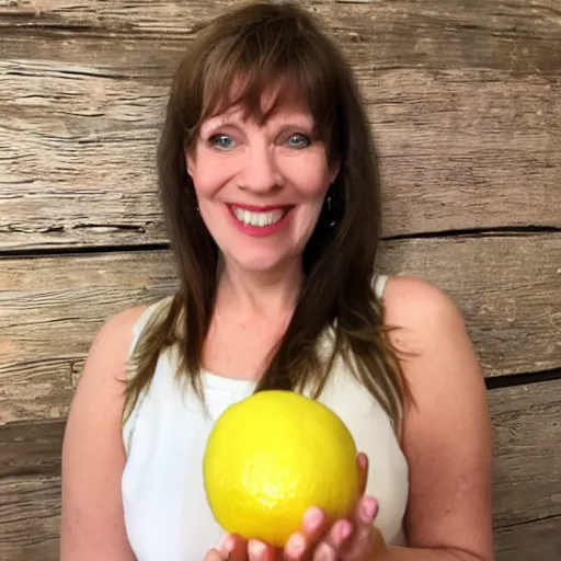 Image similar to Jill Tyrell from nighty night holding a lemon