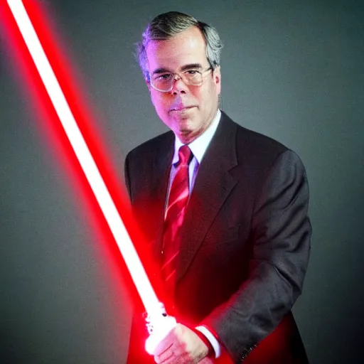 Prompt: Jeb Bush as a sith lord, holding a red lightsaber