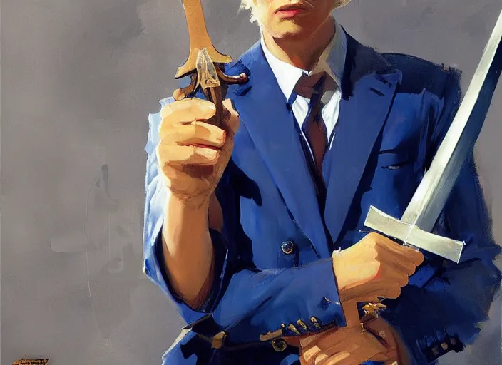 Image similar to greg manchess portrait painting of a blond man in a blue suit with a sword and a pistol, asymmetrical, profile picture, organic painting, sunny day, matte painting, bold shapes, hard edges, street art, trending on artstation, by huang guangjian, gil elvgren, ruan jia, randy vargas, greg rutkowski