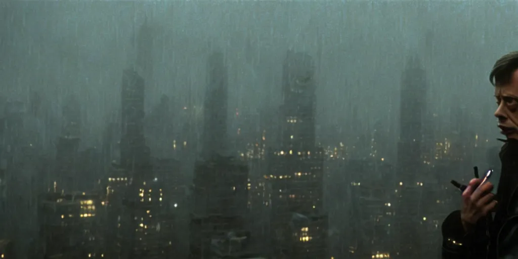 Image similar to beautiful cinematic film still of steve buscemi smoking a cigarette on a building top overlooking the rainy city in blade runner, 4 k