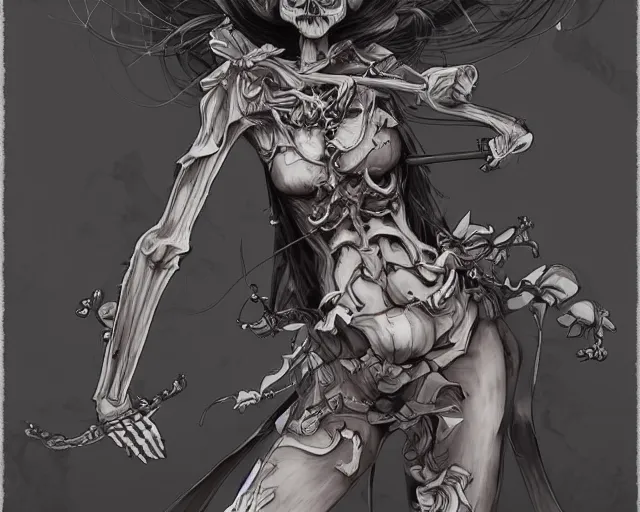 Image similar to anime girl fighting a skeleton confident pose, intricate, elegant, sharp focus, illustration, highly detailed, concept art, matte, trending on artstation, anime, art by james jean and artgerm