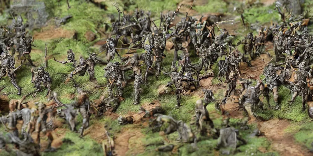 Prompt: zoomed in photo taken of an epic intricate extremely detailed battlefield diorama, with highly detailed, exquisitely weathered 3 d printed characters. an army of high elves battling a horde of orcs, dragon fly overhead, macro shot, photorealistic, sharp focus, f 0. 4, golden ratio, soft light, wide angle lens, 3 9 0 0 k