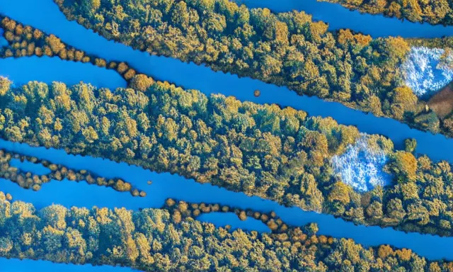 Image similar to beautiful panorama of many magnificent big upside-down raindrops in a perfect cloudless blue sky above a dried up river, desolate land, dead trees, blue sky, hot and sunny highly-detailed, elegant, dramatic lighting, artstation, 4k, cinematic landscape, masterpiece photograph by Elisabeth Gadd