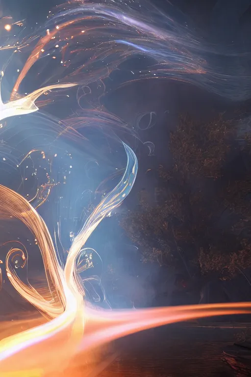 Image similar to swirling light streaks and ornate flowing smoke streams and smooth particle effects, fume fx, unreal engine