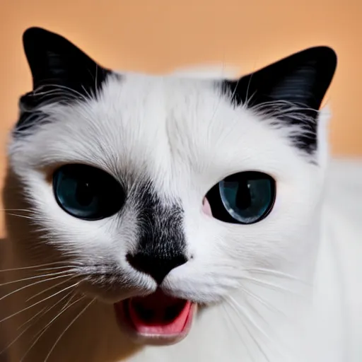 Image similar to A photograph of a white cat with black fur around her eyes sticking tongue out, looking at camera, warm lighting, cute, playful