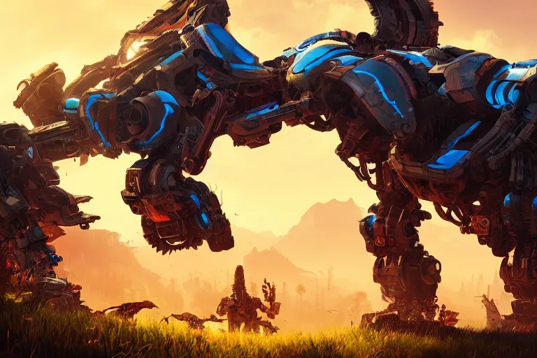 Prompt: scrapper machine mecanical creature robot of horizon forbidden west horizon zero dawn radiating a glowing aura global illumination ray tracing hdr fanart arstation by ian pesty and alena aenami artworks in 4 k