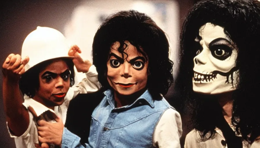 Image similar to a 1 9 8 0's horror movie where a little kid wears a michael jackson halloween mask