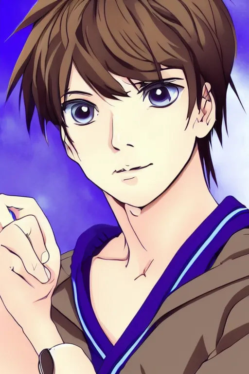 Image similar to portrait of a teen boy wearing a blue and white jumpsuit, brown spiky hair, tan skin, purple eyes, detailed, anime key visual, hisashi hirai