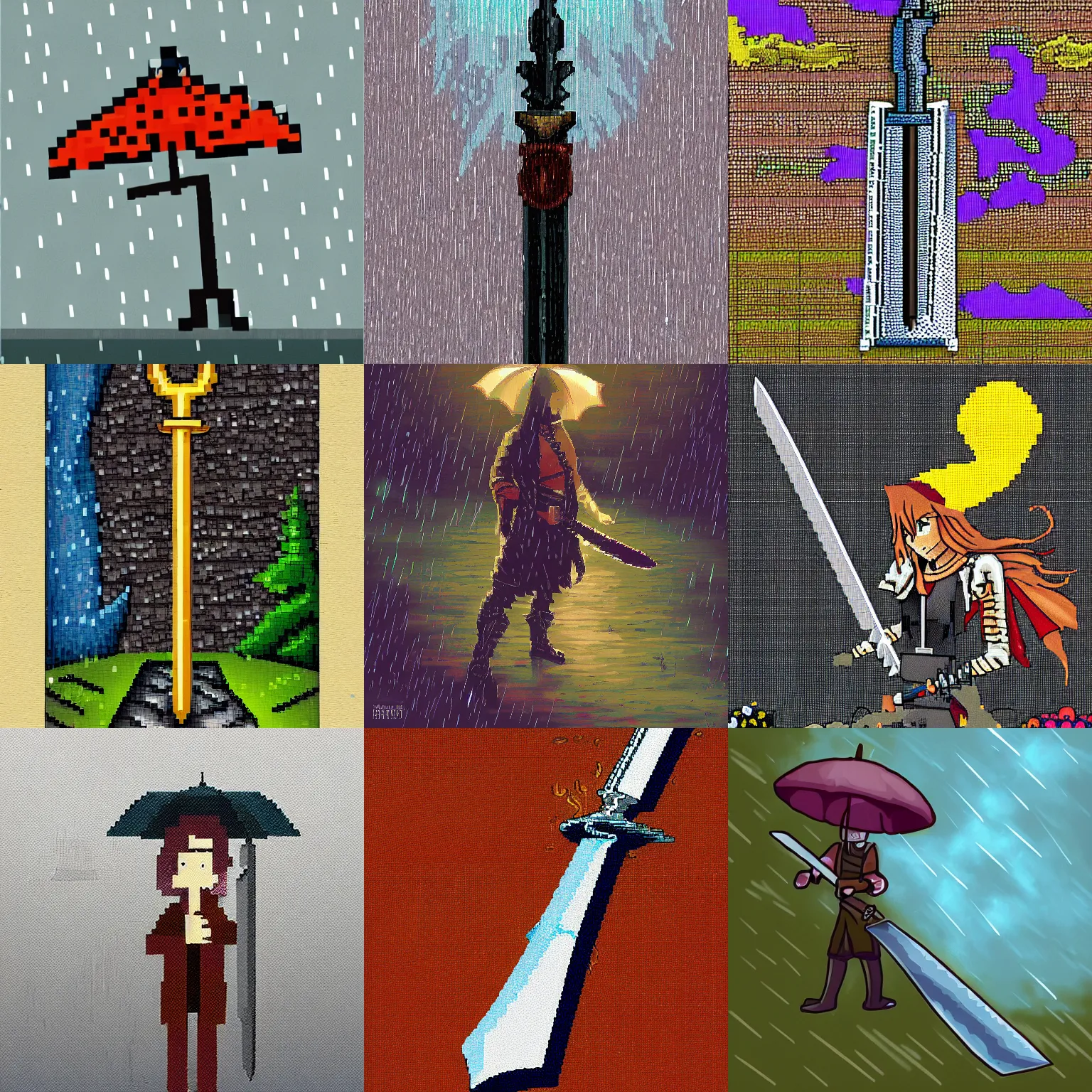 Prompt: a sword in the rain, artwork by norma 2 d, pixel art