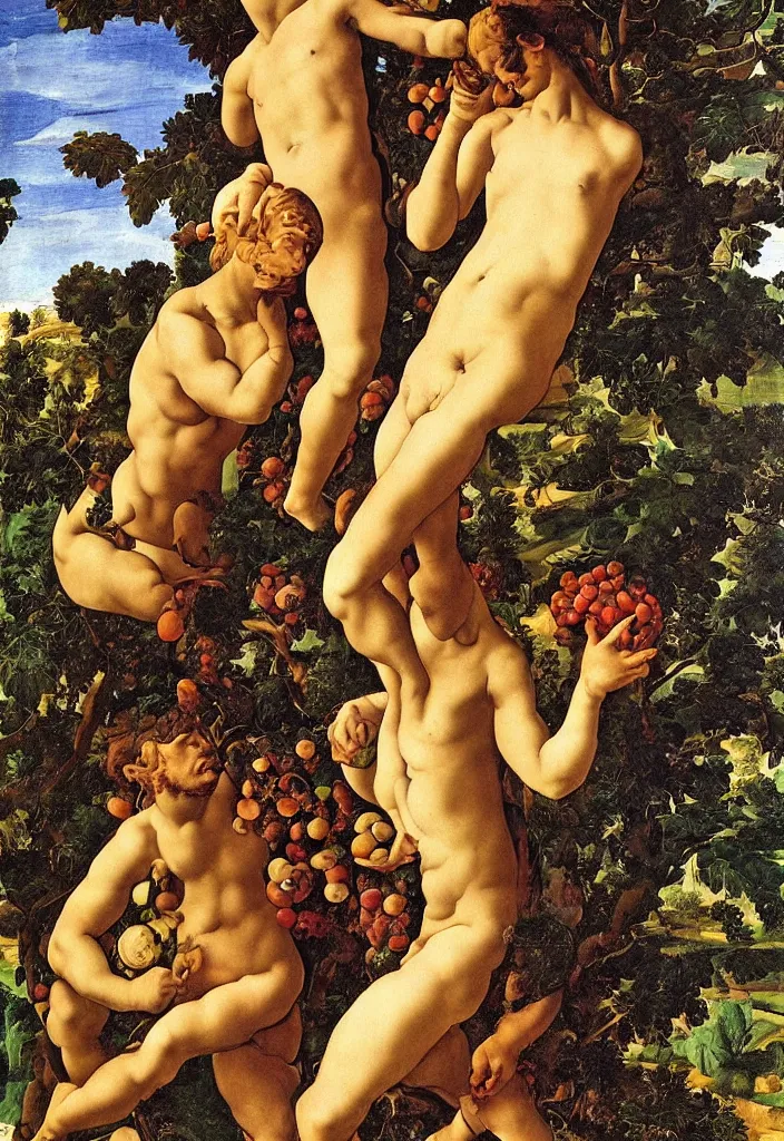 Image similar to men and women, portrait, garden with fruits on trees, ultra detailed, Orazio Gentileschi style, Michelangelo style