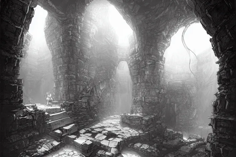 Prompt: black and white one point perspective dungeon cozy fantasy dungeon hallway view with pit in the middle of the ground by artgerm and Craig Mullins, James Jean, Andrey Ryabovichev, Mark Simonetti and Peter Morbacher 16k