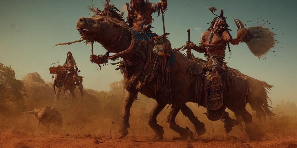 Image similar to an ancient tribesman riding an ancient motorcycles, motorized indians hunting buffalo ,attacking, chase, action scene, an epic fantasy, dramatic lighting, cinematic, establishing shot, extremely high detail, photorealistic, cinematic lighting, artstation, octane render, by simon stalenhag, horizon forbidden west,old photo, vintage