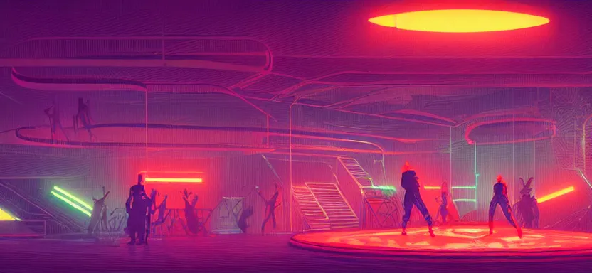 Image similar to handmade illustration of futuristic boxing ring, line art, octane render with volumetric lighting, watercolor by Kilian Eng and by Jake Parker, olympic weight room in bladerunner dystopia future, neon radioactive swamp