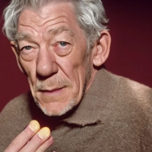 Prompt: film still of ian mckellen covered in baked beans