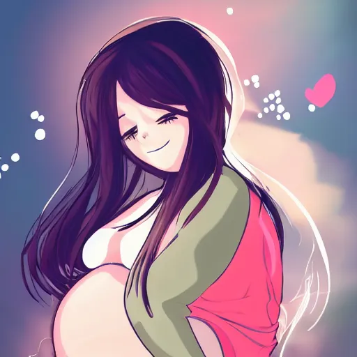 Image similar to cute pregnant girl with big pregnant belly, baby is kicking inside, high quality art in anime style, trending on pixiv