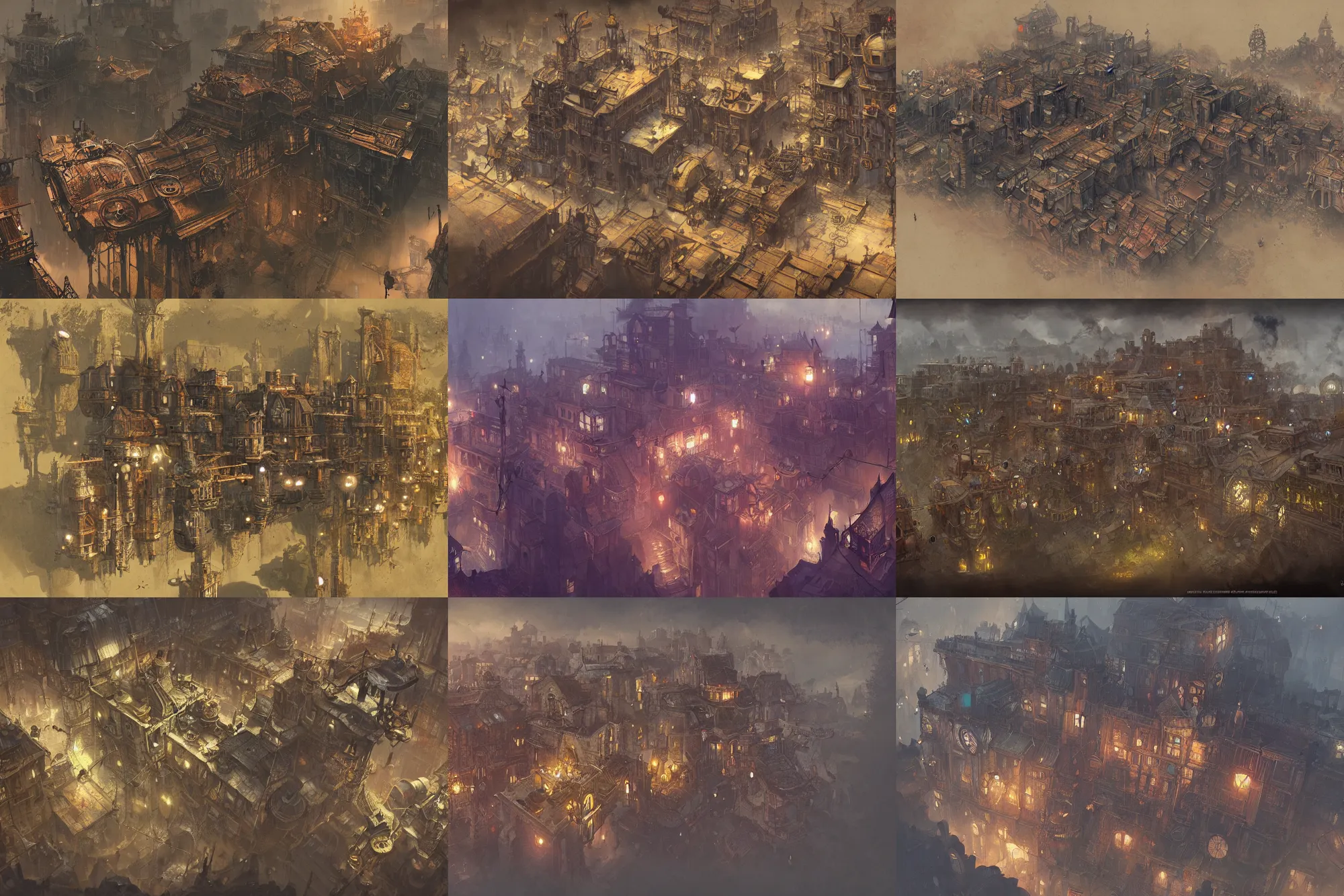 Prompt: an overhead map of a steampunk town, Greg Rutkowski, highly detailed, level design, concept art, artstation, cgsociety, level map