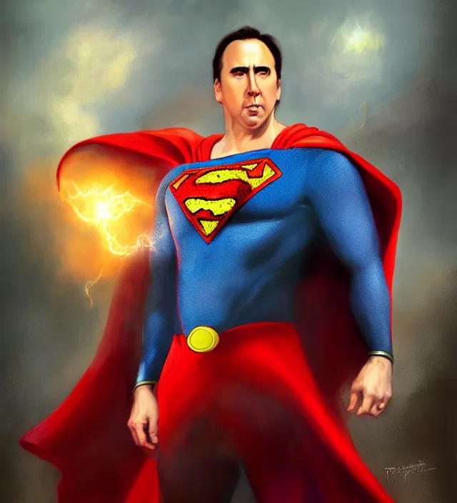 Prompt: nick cage as superman, dnd character art portrait, matte fantasy painting, deviantart artstation, by jason felix by steve argyle by tyler jacobson by peter mohrbacher, cinema