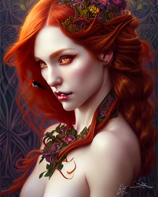 Image similar to succubus ginger portrait, art nouveau, fantasy, intricate flower designs, elegant, highly detailed, sharp focus, art by Artgerm and Greg Rutkowski and WLOP