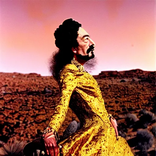 Image similar to salvador dali wearing a golden dress with jewels in a dry rocky desert landscape, visible sky and sunny atmosphere, film still from the movie by alejandro jodorowsky with cinematogrophy of christopher doyle and art direction by hans giger, anamorphic lens, kodakchrome, very detailed photo, 8 k