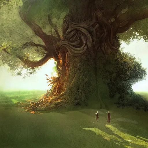 Image similar to A man standing under a huge tree with intertwined roots by Marc Simonetti