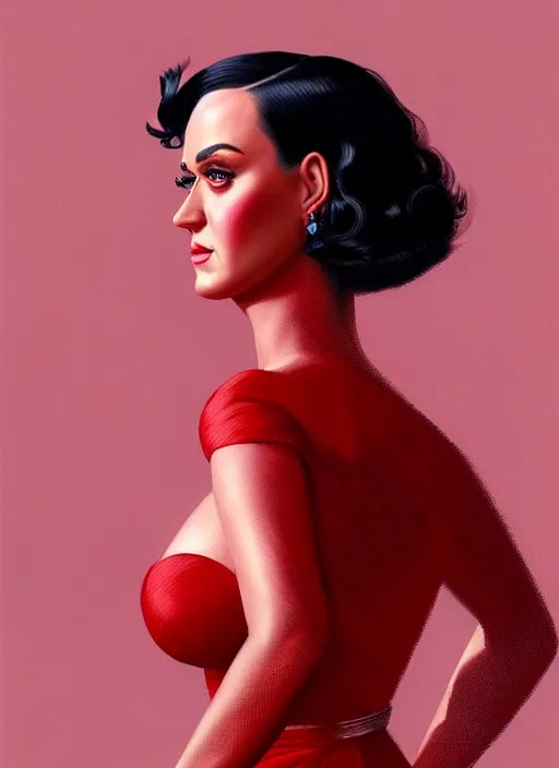 Image similar to portrait of katy perry in a red dress, intricate, elegant, highly detailed, digital painting, artstation, concept art, smooth, sharp focus, illustration, photorealistic art by wlop, mars ravelo and greg rutkowski